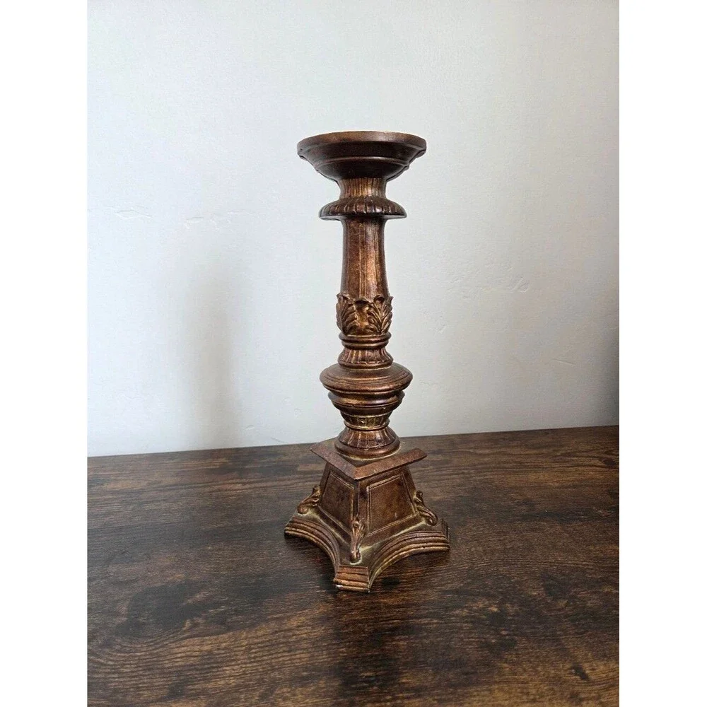 Faux Wooden Candlestick Holder Ornate MCM Old Fashioned Baroque 12 Inch Brown
